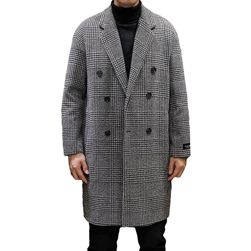 YASUGUOJI Casual Zweireiher Herren Wolle Mantel Winter Hahnentritt Jacke Männer drehen-unten Kragen Lange Woll Wind Mantel