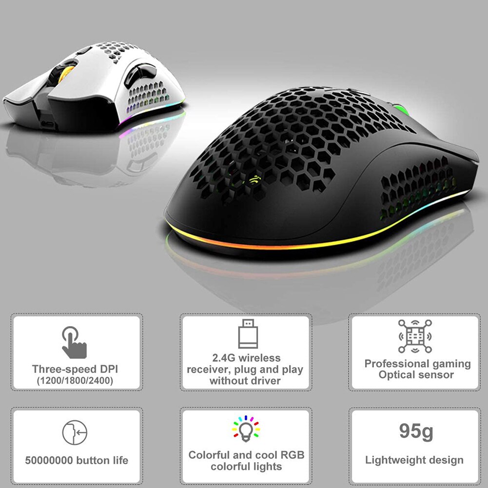 ALLOYSEED BM600 2.4GHz Wireless Mouse 2400DPI Adjustable RGB Backlit Honeycomb USB Optical Gaming Mouse Gamer Mice For Laptop PC