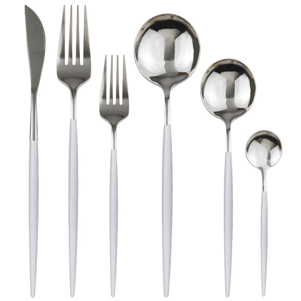 6Pcs Red Flatware Set Knife Fork Spoon Cutlery Set 304 Stainless Steel Dinnerware Set Mirror Green Gold Tableware Set Silverware: White Silver