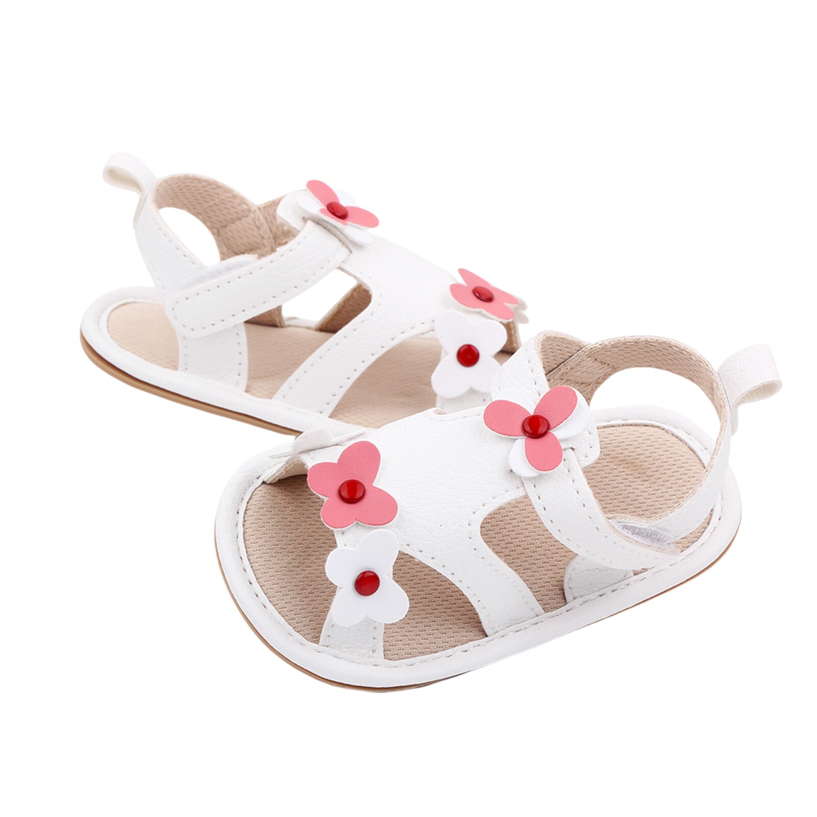 Baby Anti-Slip Platte Schoenen, Bloem Patroon Zachte Zool Sandalen Voor Baby Meisjes, wit/Zwart/Roze