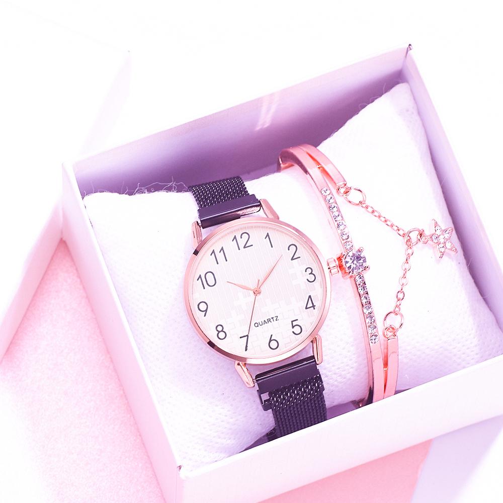 Ensemble de 2 montres pour femmes avec bracelet en maille magnétique et aimant en or, montres à quartz à chiffres arabes pour femmes