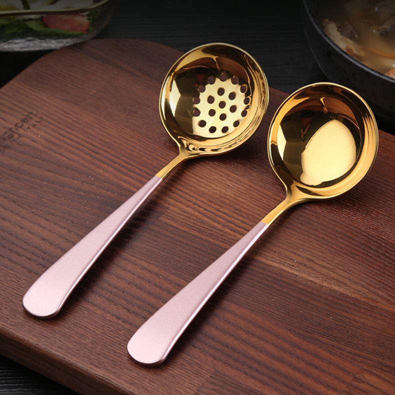 Juego de utensilios de cocina de acero inoxidable 304, cuchara de sopa con escurridor, accesorios, utensilios de cocina, utensilios de cocina: Pink