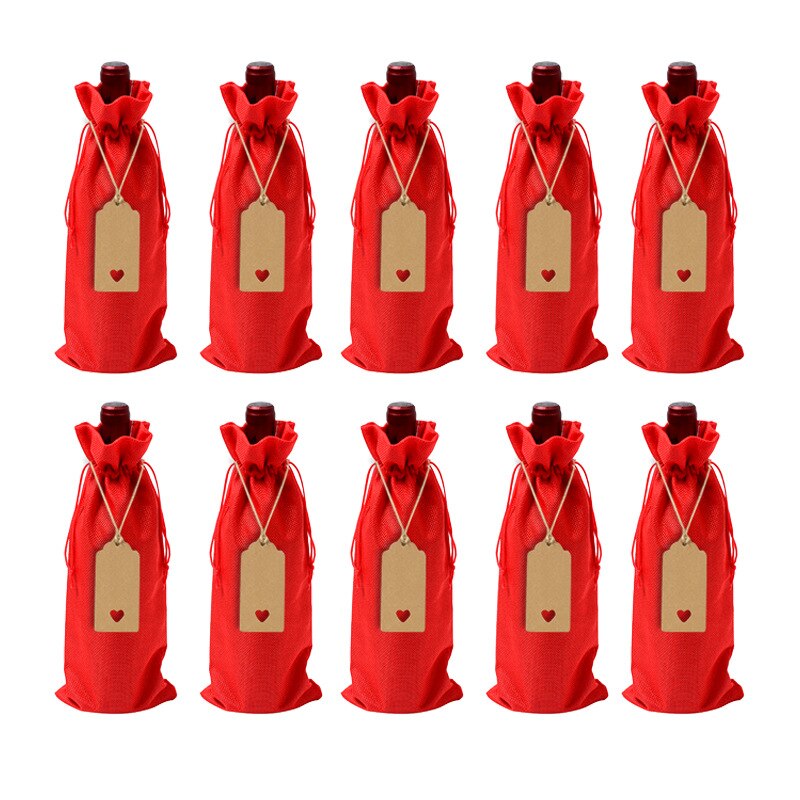 10 pcs/lot bouteille de vin couvre cordon sac avec étiquette coeur ensemble toile de jute pochettes en lin pour noël mariage décoration sac de rangement: Red