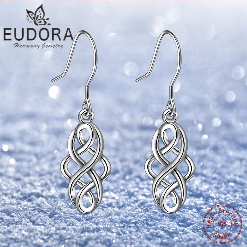 EUDORA Unique réel 925 en argent Sterling géométrique Vintage boucle d'oreille bonne chance amour noeud balancent femmes beaux bijoux charmant E15