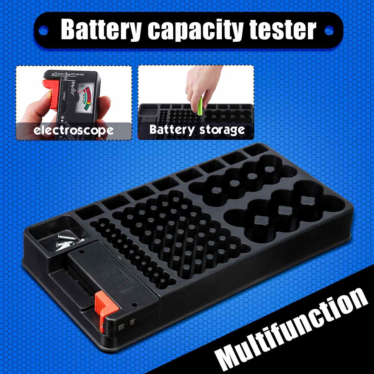 98 Battery Storage Capacity Rack Caddy Box Case Holder Organizer with Tester