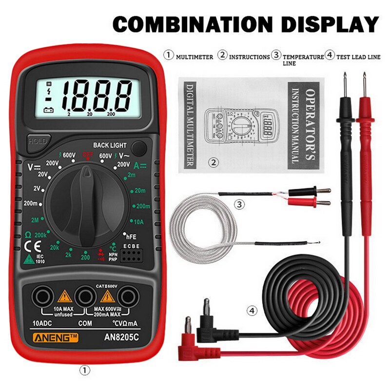 Portable 8205C Digital Multimeter AC / DC Ammeter Volt Ohm Tester Meter Multimetro With Thermocouple LCD Backlight