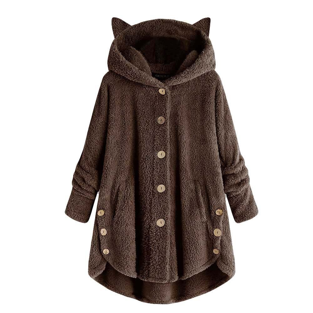 Wol Blend Vrouwen Knop Kat Oor Jas Pluizige Turn-down Kraag Uitloper Jacket Casual Tops Hooded Trui Losse trui #45: Bruin / XL