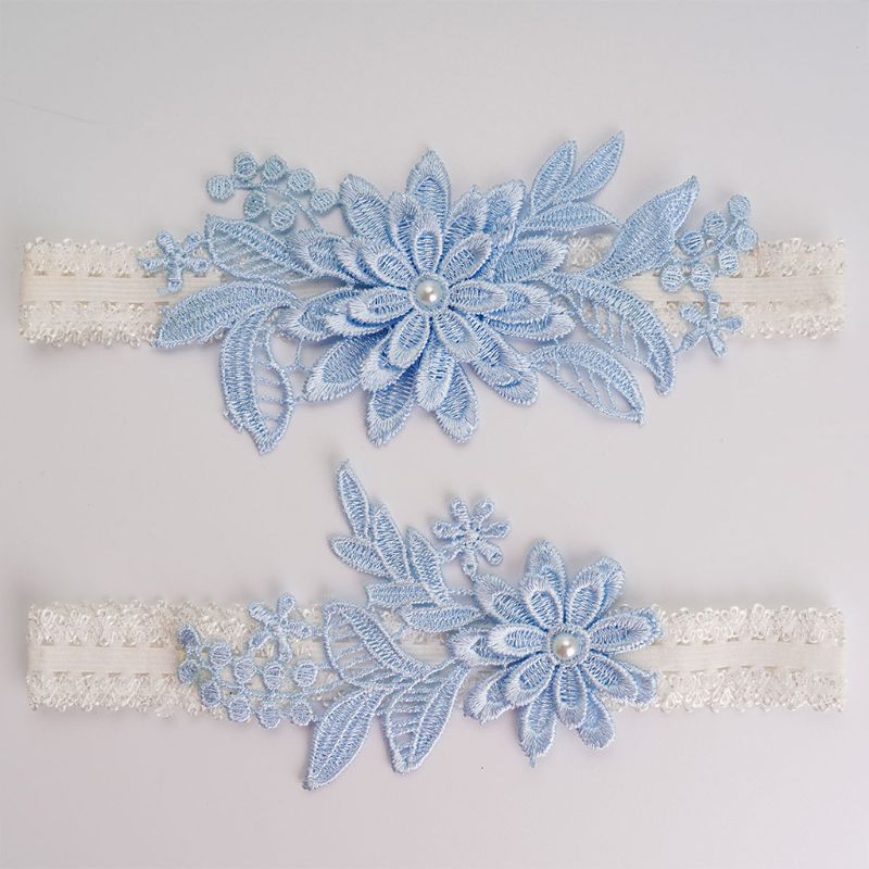 Kvindelige brude stretch blonder lårringe sæt himmelblå broderet blomst applikation patchwork faux perle bryllup prom strømpebånd
