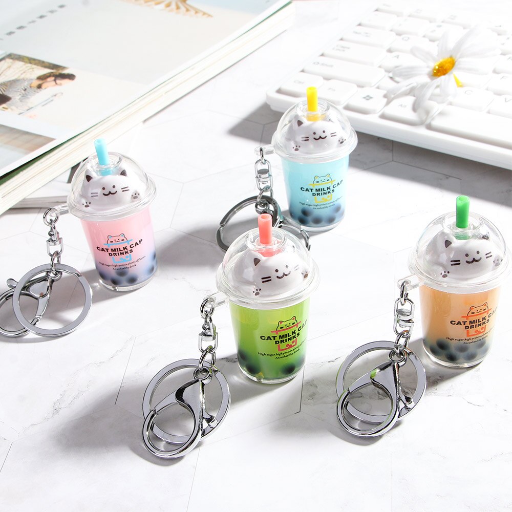 Milk Tea Cup Liquid Crystal Quicksand Sequin Key Ring Keychain Cartoon Cat Baby Pretend Play Toy for Women Bag Pendant Key Chain