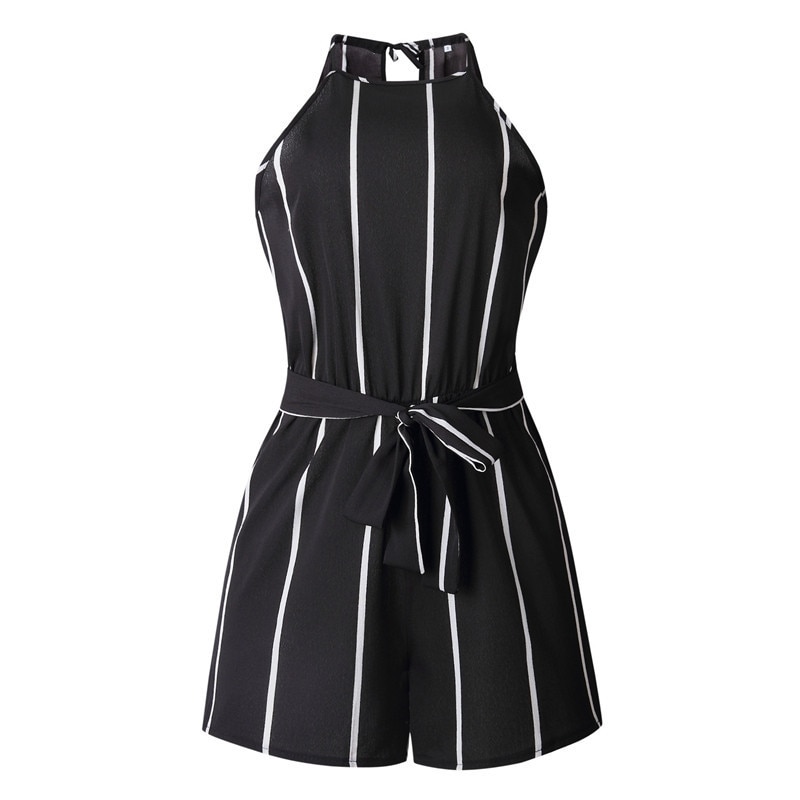 Stribe bandage playsuit ærmeløs løs afslappet o-hals strandfest overalls til kvinder blå catsuit combishort femme ete wy*