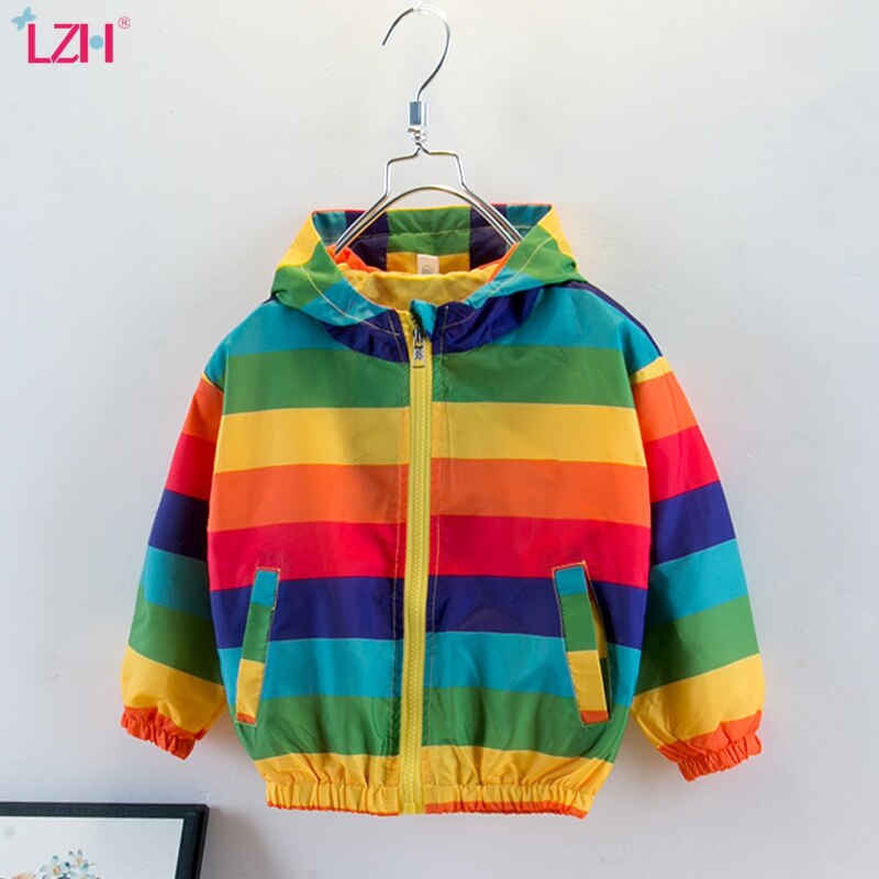 Lzh 2021 roupas infantis para outono jaqueta corta-vento infantil listrada arco-íris com capuz fashion casual e cores