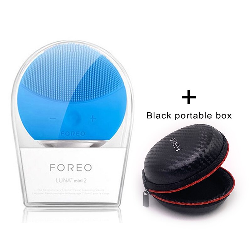Foreo Mini 2 Limpieza Gesichts FOREO Elektrische Gesicht Reinigung Pinsel Mit Tragbaren Kasten,USB-Ladung, ccept: Blau mit Schwarz Kasten