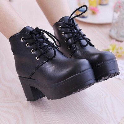Black White Boots Heels 6CM PU leather Boots Women Platform Heels Ankle Boots for Women Chunky Heel Shoes Zapatos Plataforma: Black / 5.5