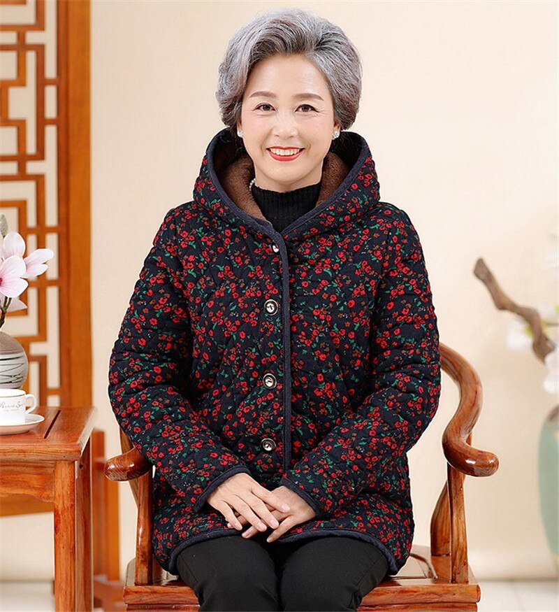 Plus size oudere vrouwen winterjas met capuchon warm plus fluweel dikke katoenen jas oma losse bedrukte winterparka bovenkleding: Kleur 1 / 4xl