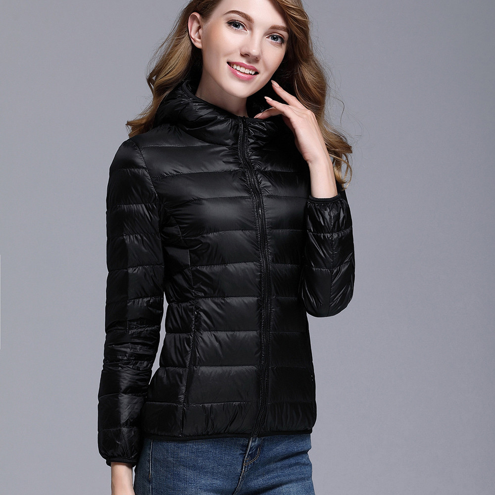 Winter Coat Women Ultra Light Down Jacket White Duck Down Hooded Jackets Parka Casual Female Long Sleeve Solid Outwear Coat: Black / S