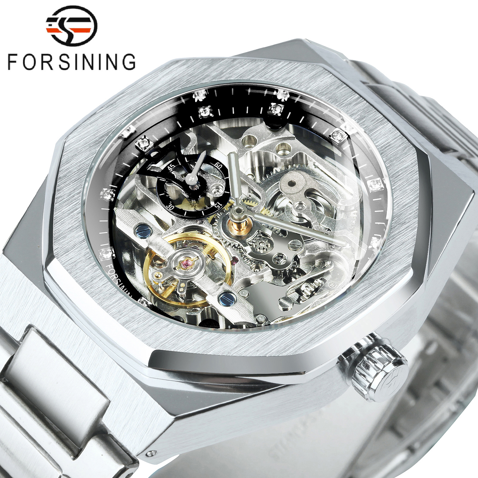 Forsining Lässige automatische mechanische Uhr für Herren, leuchtende Zeiger, Edelstahlarmband, modische Luxus-Skelett-Herrenuhren: Kaffee