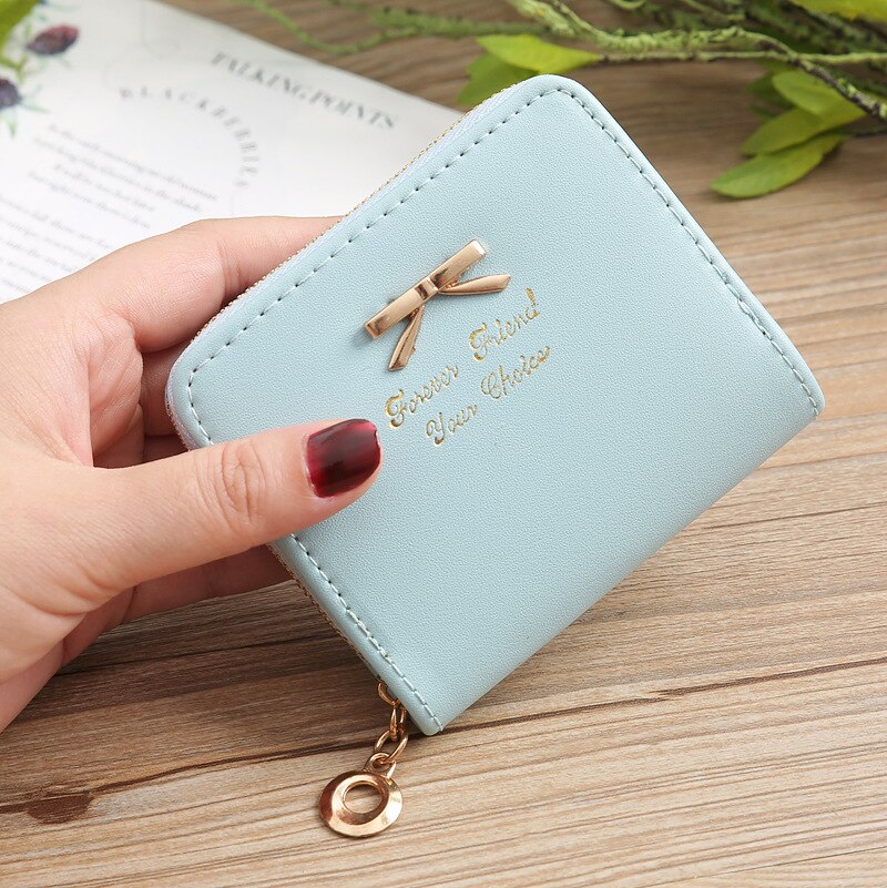 Korean Ladies Coin Purse Simple Bow Coin Purse Zipper Small Purse Short Coin Purse Card Holder: Sky blue