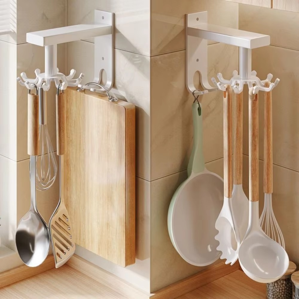 Estantes giratorios para cucharas de cocina, estante de almacenamiento de utensilios de cocina con soporte de carga fuerte, estante para cucharas y espátula montado en la pared no perforado para el hogar