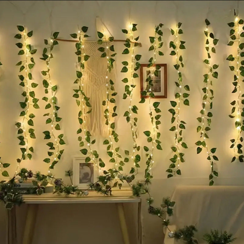 Guirnalda de luces LED de plantas artificiales, 20/50/100LED, hojas verdes, funciona con pilas para colgar decoración navideña, 1 ud.