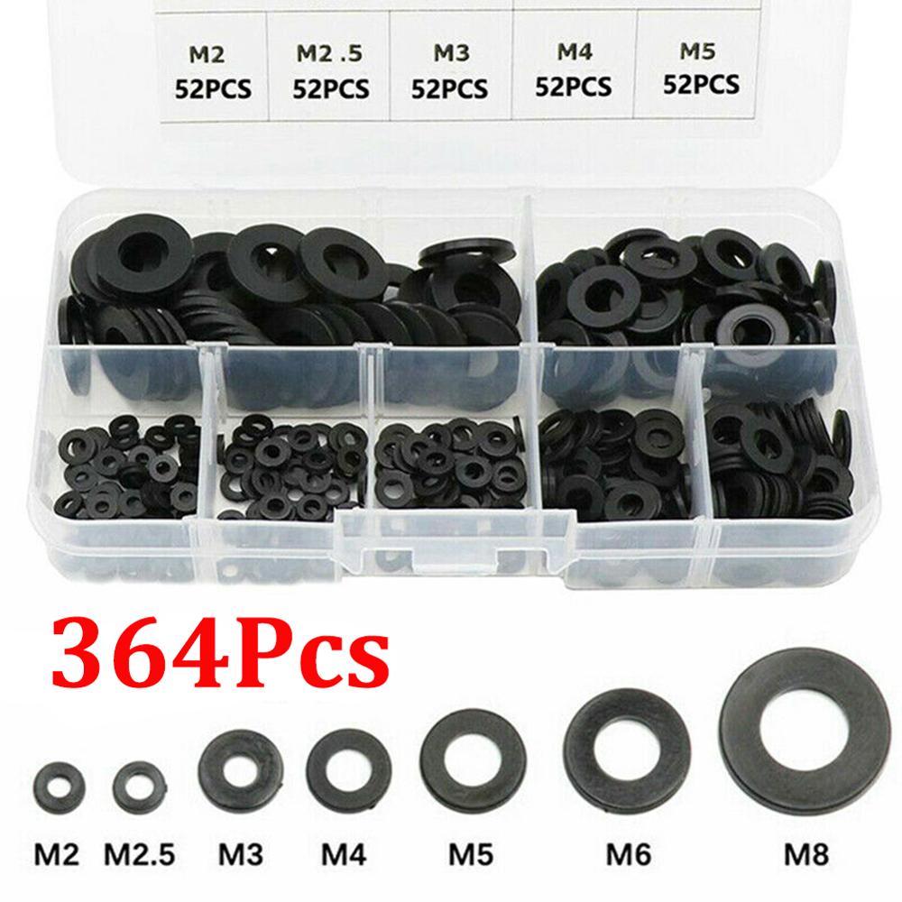 364 Stuks Black Nylon Rubber Platte Ring Reparatie Wasmachine Pakking Voor Metrische M2-M8 Bouten Schroeven