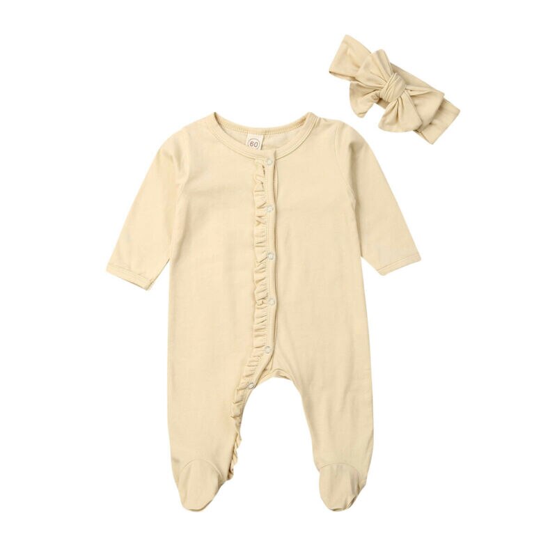 Nyfödda barn bebis flicka fotband bomull mjuk långärmad playsuit jumpsuit pyjamas nattkläder + pannbandskläder 0-12m: Nyfödd