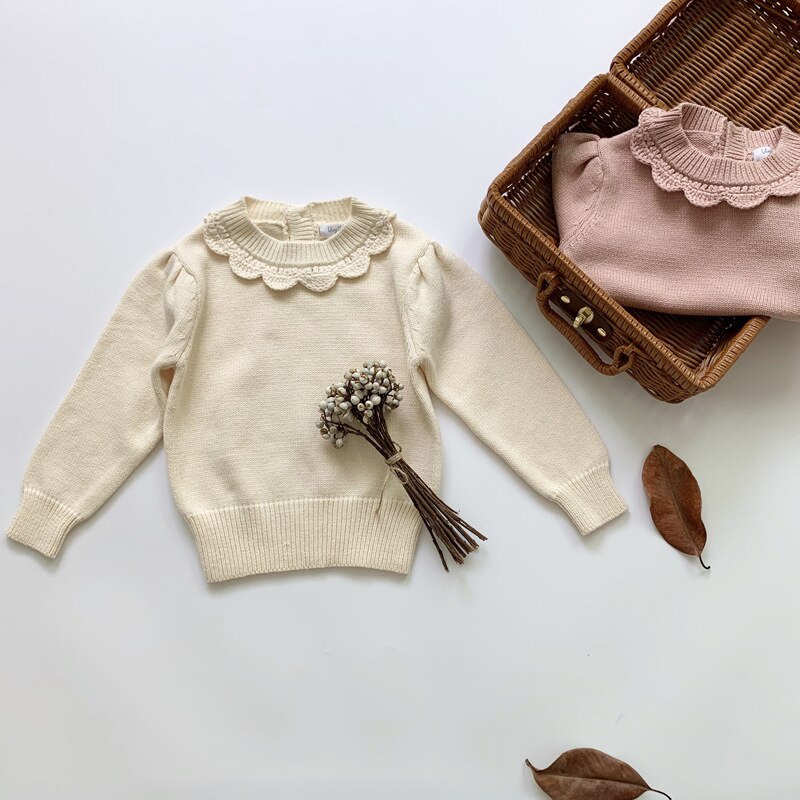 Herfst Winter Kinderen Trui Baby Meisjes Solid Jumper Kinderen Knit Top Mode Meisjes O-hals Handgemaakte Kraag Truien