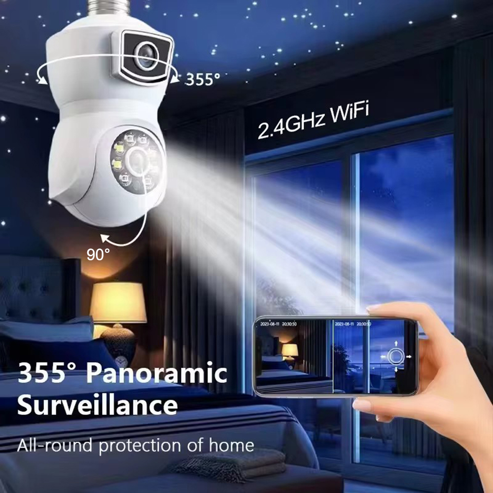 4K 8MP E27 Bulb WiFi Camera Dual Lens Dual Screen Auto Tracking Two Way Audio Color Night Vision Outdoor Security Camera