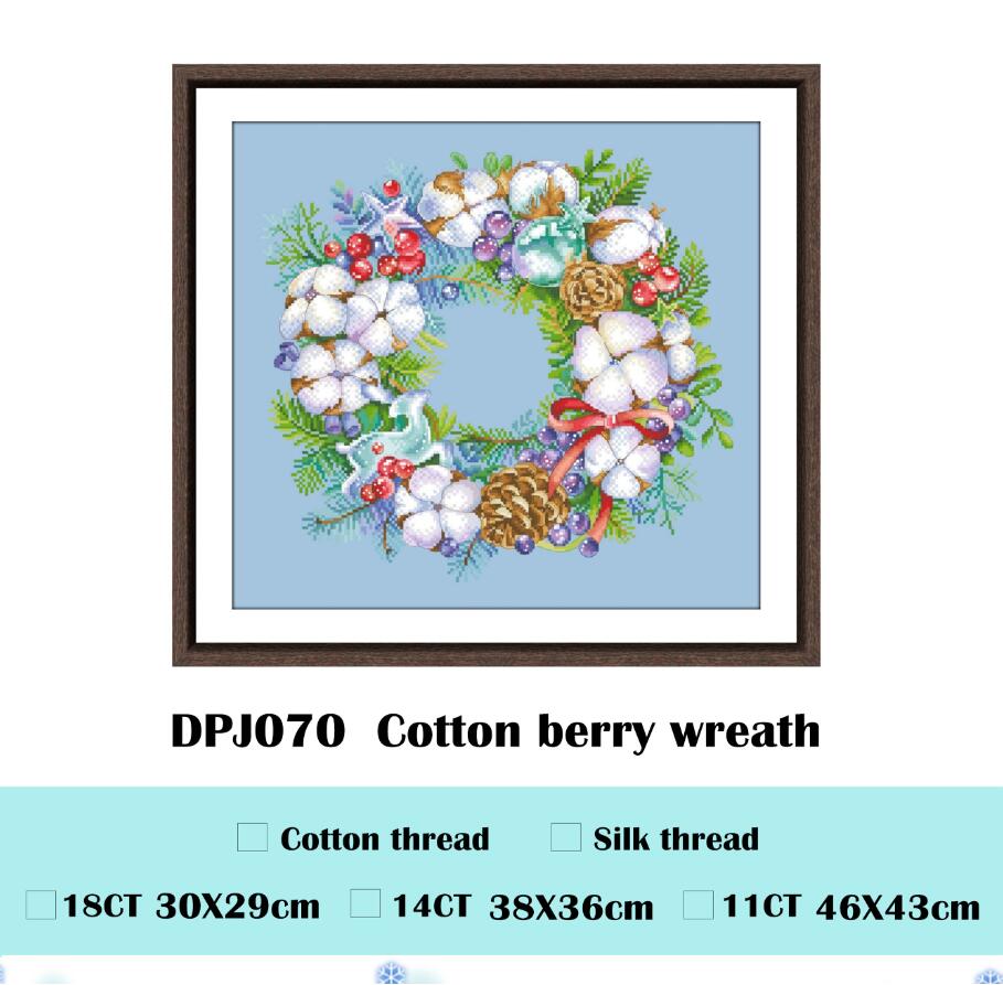Christmas red flower wreath cross stitch kit package 14ct 11ct sky blue fabric cloth cotton thread embroidery DIY handmade: A / Cotton thread / 14ct sky blue can