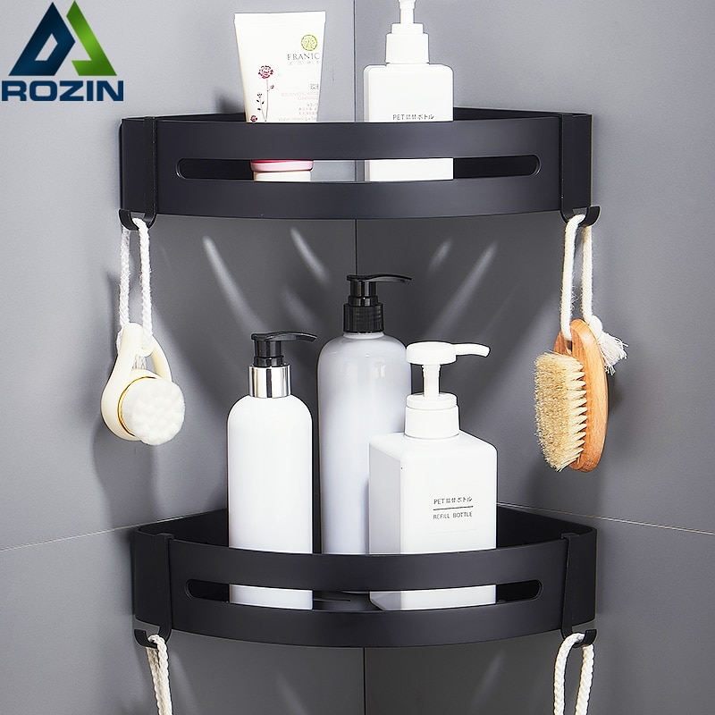 Sans ongles aluminium noir salle de bains cuisine étagère cosmétique Rack dans mur bain coin panier avec crochet salle de bain étagère de rangement