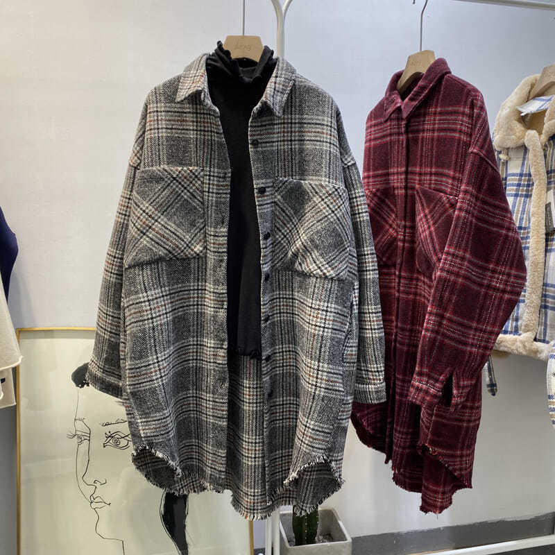 E-baihui streetwear løs rutete skjorte jakke dame casual høst kvinner kåpe kvinne skjorte knapper lommer tweed korte kåper