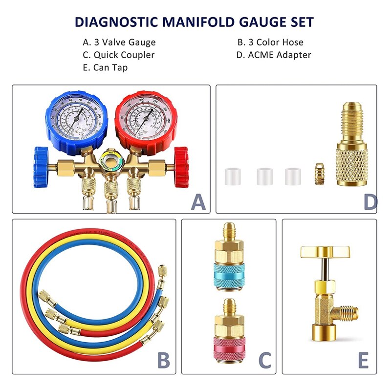 Juego de manómetros de CA de 3 vías para diagnóstico de refrigerantes R134A, R12, R22, R502, con manguera de 3 pies, acopladores rápidos