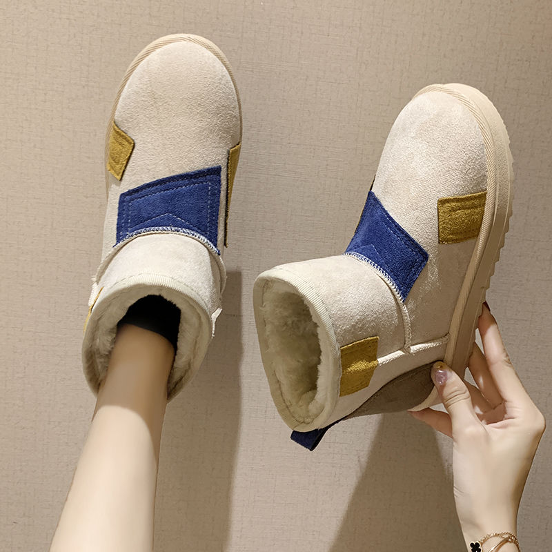 Snowboots Vrouw Winter Dikker Fluwelen Vrouwen Katoenen Schoenen Platte Instappers Antislip Enkel laarzen Patchwork Zwart Beige: Blue / 36