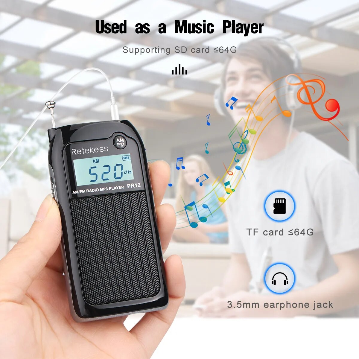RETEKESS-Radio de bolsillo PR12 para ancianos, Mini receptor portátil MP3 con pantalla retroiluminada, estéreo Digital, compatible con tarjeta TF