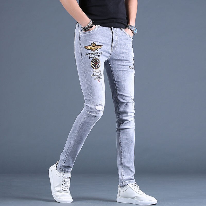 Beggar Style Men’s Slim-fit Ripped Jeans Embroidery Stretch Denim Pants,Scratches Sexy Gray Jeans Pants;