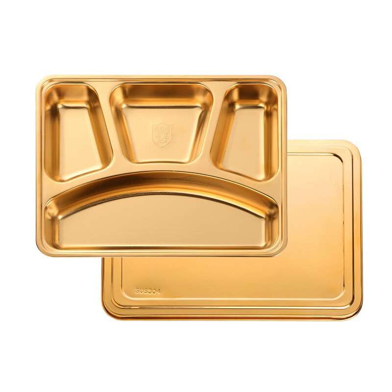 Stainless Steel Divided Dinner Tray With Steel Lid Lunch Container Food Plate for School Canteen Restaurant Buffet Tableware: rectangle gold