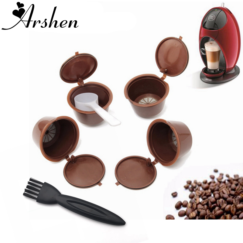 Arshen 4 stks Dolce Gusto Plsatic Hervulbare Koffie Capsule met Lepel Borstel 200 Keer Herbruikbare Compatibel Nescafe Dolce Gusto