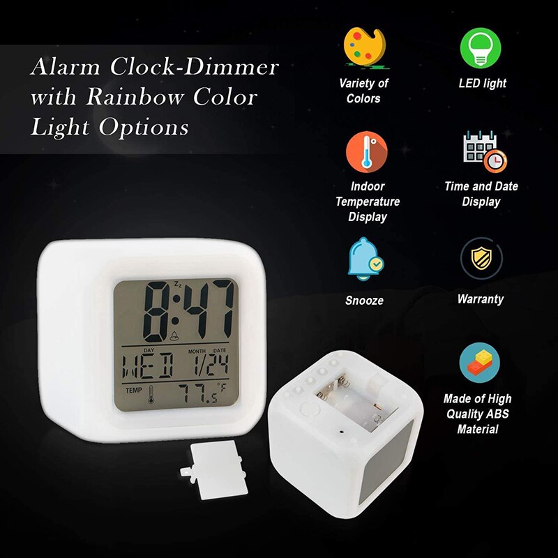 Colorful Alarm Clock Kids Children Wake Up Digital LED Night Light Clock Travel Large Display Time/Date/Alarm with Snooze