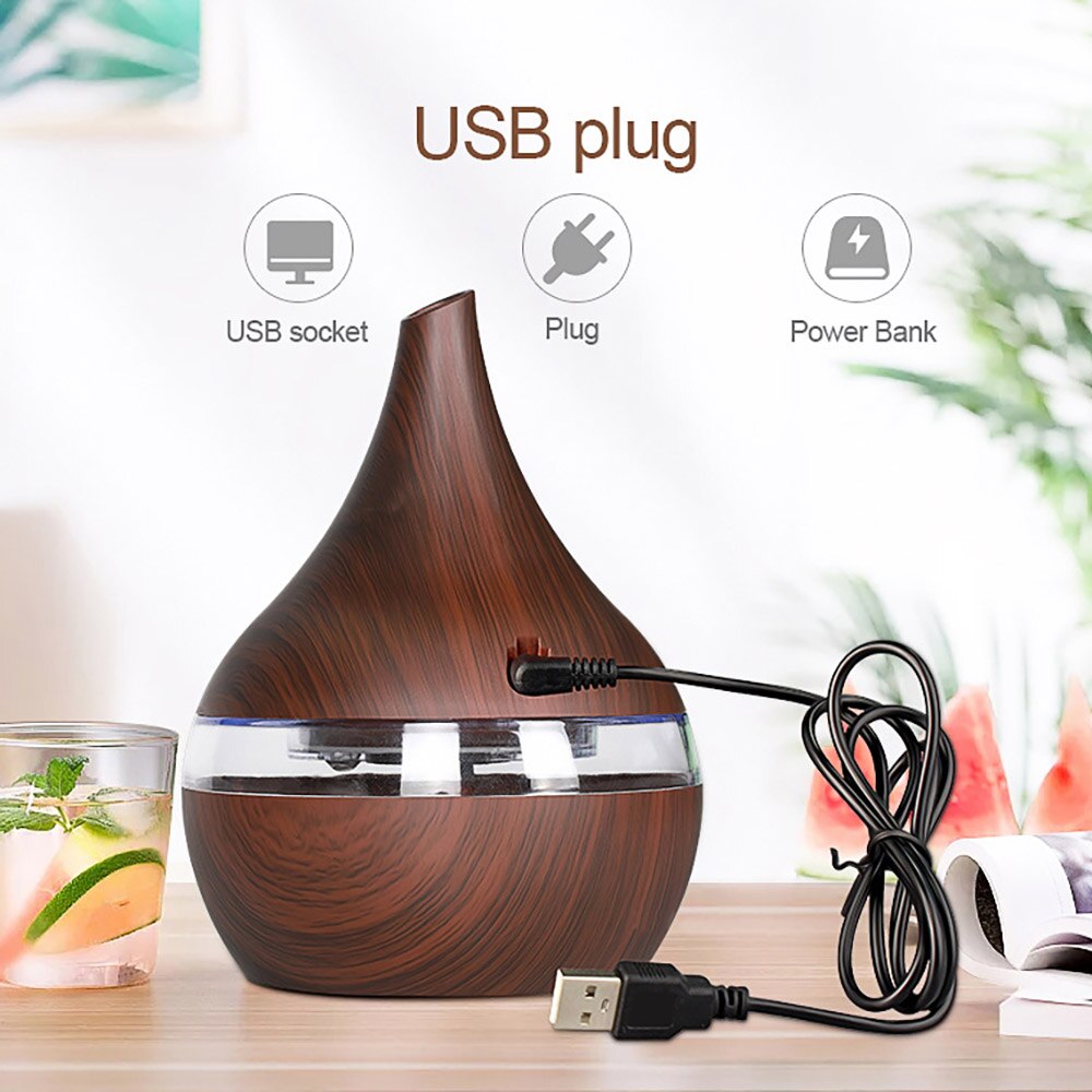 Essentiële Olie Diffuser 300Ml Usb Luchtbevochtiger Houtnerf Met 7 Kleur Led Verlichting Voor Thuis En kantoor En Auto