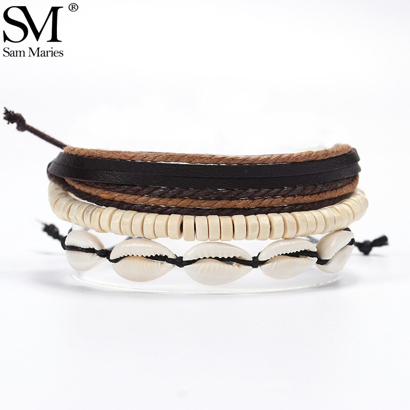 2Pcs Sea Shell Charm Braided Multilayer Leather Bracelets Set Handmade Wood Beads Wrap Bangles For Men Boys