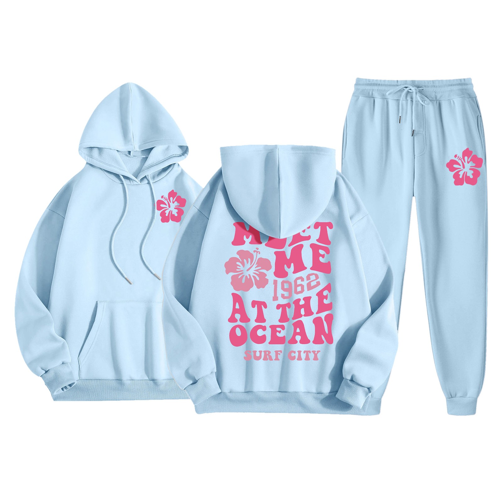 Damkläder i två delar set hoodie sweatshirt och långa mjukisbyxor joggingbyxor dam fina byxdressar fina byxdressar för kvinnor: Xxl / Himmelsblå