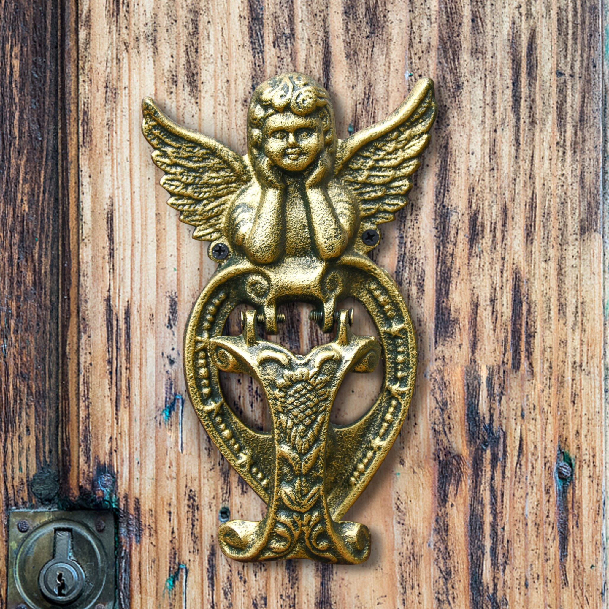 Sungmor-golpeador de puerta de hierro fundido resistente, en forma de Ángel encantador y Color dorado Vintage, resistente al agua y decorativo
