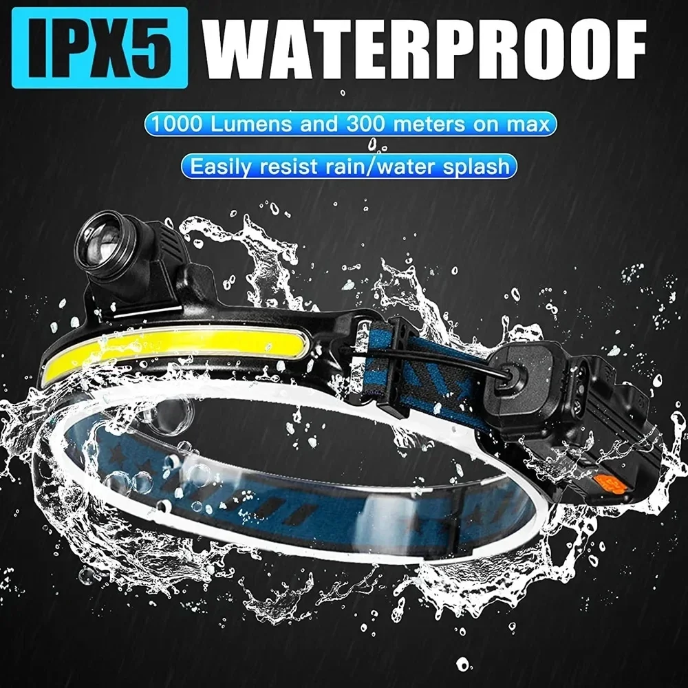 Induction Led Headlamp XPG+COB LED Head Lamp with Built-in Battery Flashlight Multi-function USB Rechargeable 6 Modes Head Torch