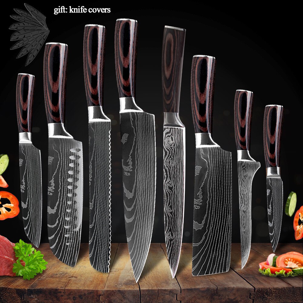 Damask Kitchen Chef Knives Set 7CR17 High Carbon Stainless Steel Sharp Utility Santoku Boning Damascus Pattern Cooking Tools