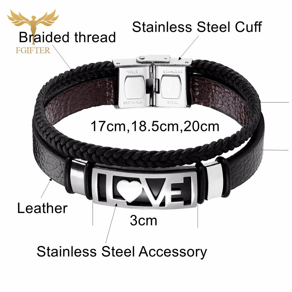Pulseras románticas de amor para pareja de hombres y mujeres, pulsera de cuero de tejido multicapa, brazalete de acero inoxidable, joyería