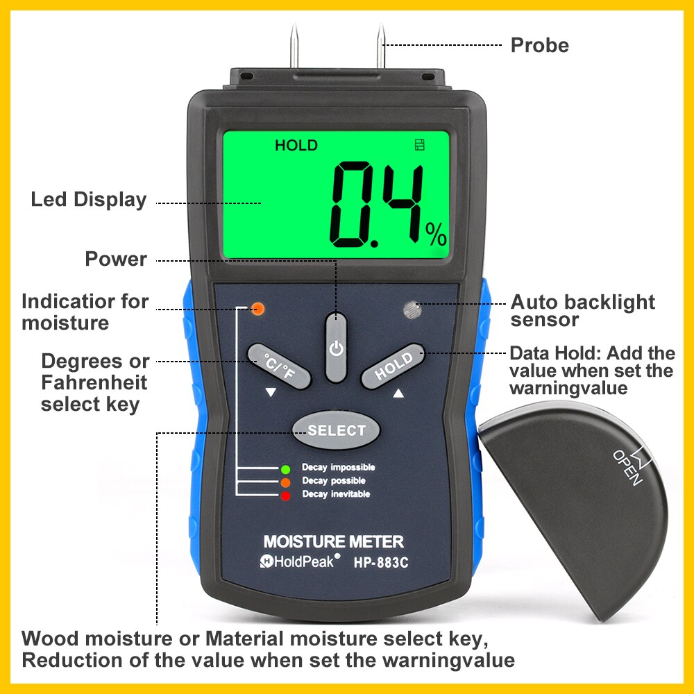 HoldPeak-medidor Digital de humedad para madera/Construcción, higrómetro, dispositivo de medición de humedad, 6-42%