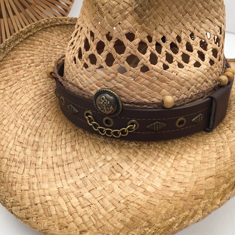 Natural Straw Cowboy Hat Women Men Handmade Weave Punk Cowboy Hats For Lady Tassel Summer Western Sombrero Hombre Lifeguard Hats