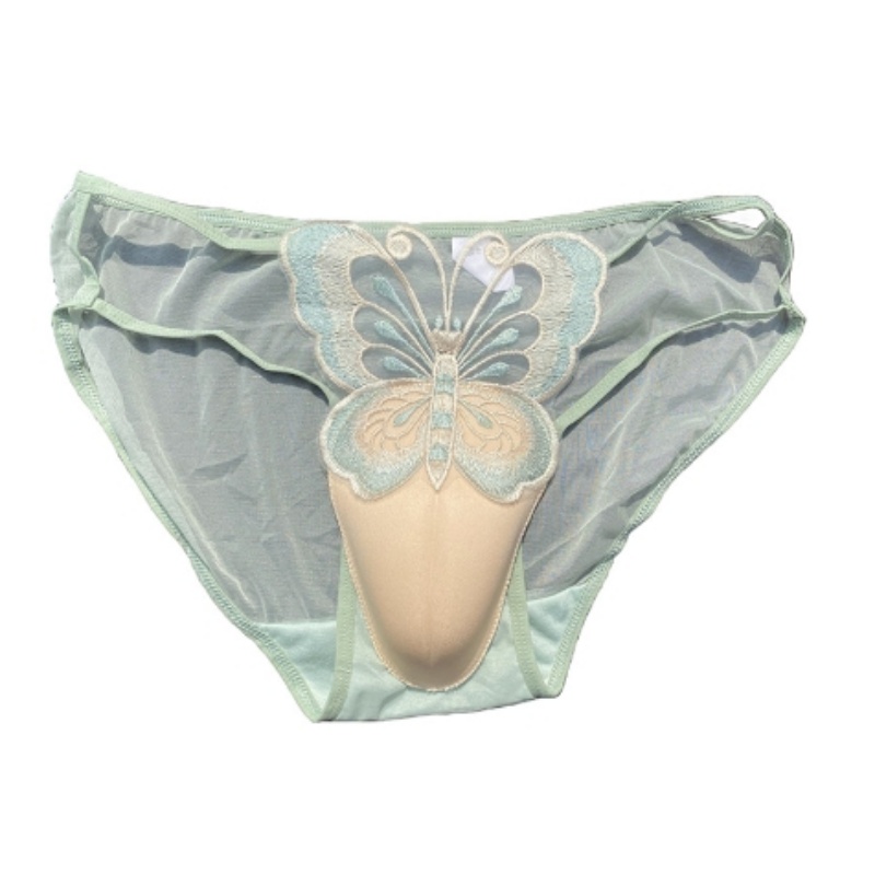 Sexy Men's Lace Underwear CD Cross-dressing Briefs Low-Waist Mesh Hollowed Transparent Butterfly Embroidery Underpants Underwear: XL / Orange