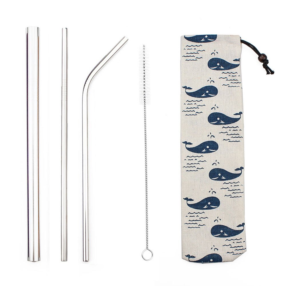 5pcs Herbruikbare Metalen Rietjes 304 Rvs Zilver Stro Set Dikke met Kleurrijke Tas Pouch Clean Brush Party bruiloft: Silver C