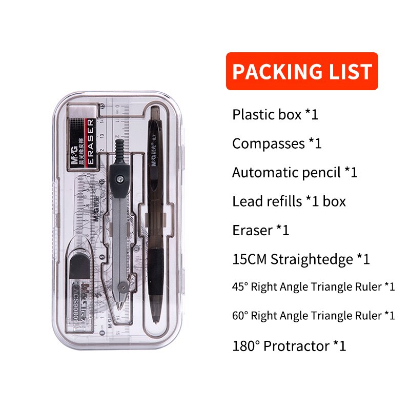 M&amp;G Student Geometry Protractor Drawing School Eraser Compasses Set Math Eraser Ruler For Students: 90809 8pcs set