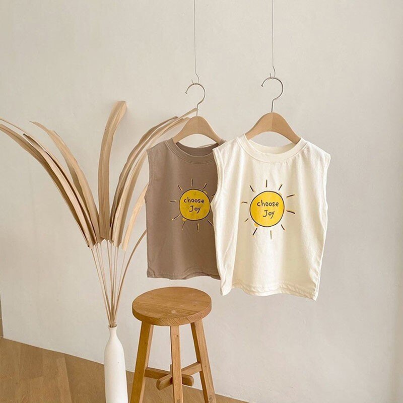 2022 Kid Aankomst T-shirt Peuter Jongens Cartoon Zon Brief Print Mouwloze Tops Baby Meisje Mode Schattige Eenvoudige Katoenen Vest